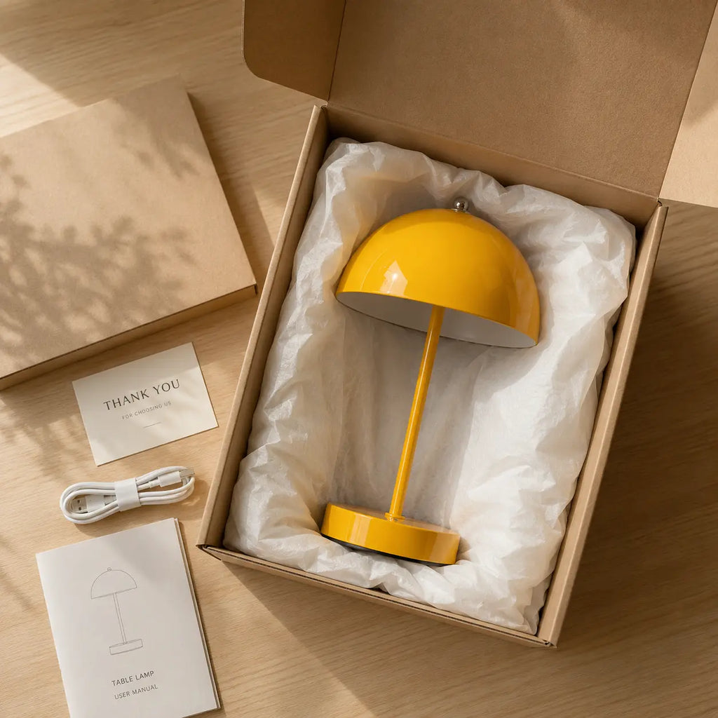 Uppackad gul bordslampa i presentförpackning tillsammans med manual, tackkort och laddsladd