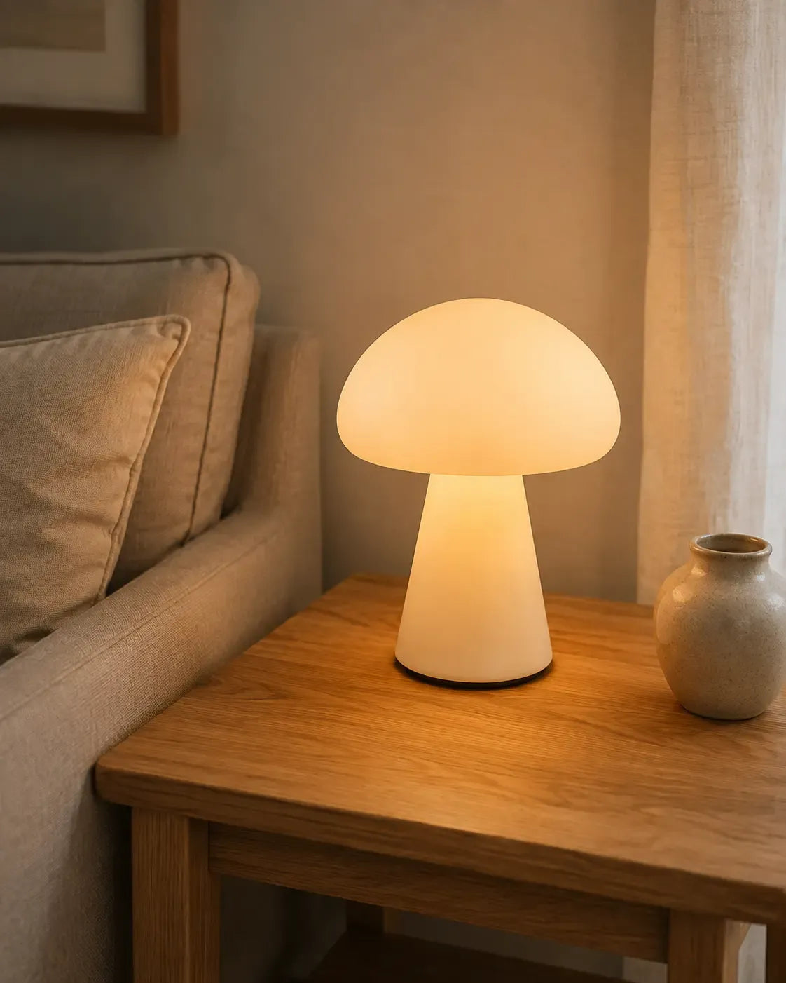 Vit svamplampa tänd på ett träbord bredvid en beige soffa som sprider ett mjukt sken
